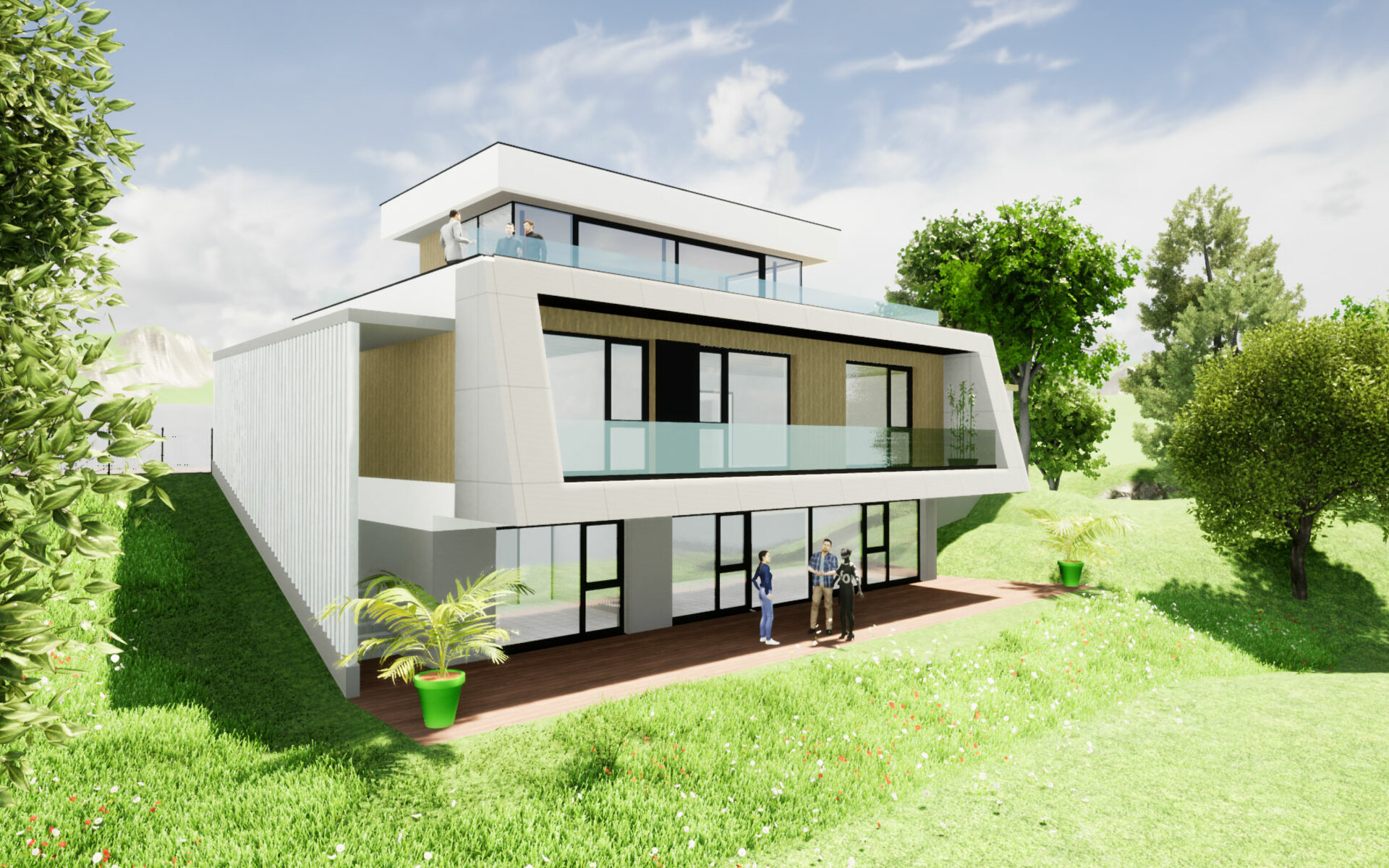 Grafische Darstellung eines Einfamilienhauses mit Flachdach